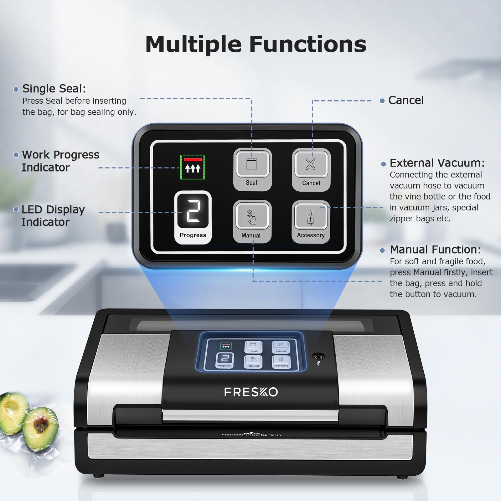 FRESKO Smart Vacuum Sealer Pro, Full Automatic Food Sealer Machine with Auto Dry/Moist Detection, Roll Bag and Built-in Cutter, Powerful Seal a Meal Sealer Machine for Food Storage Saver