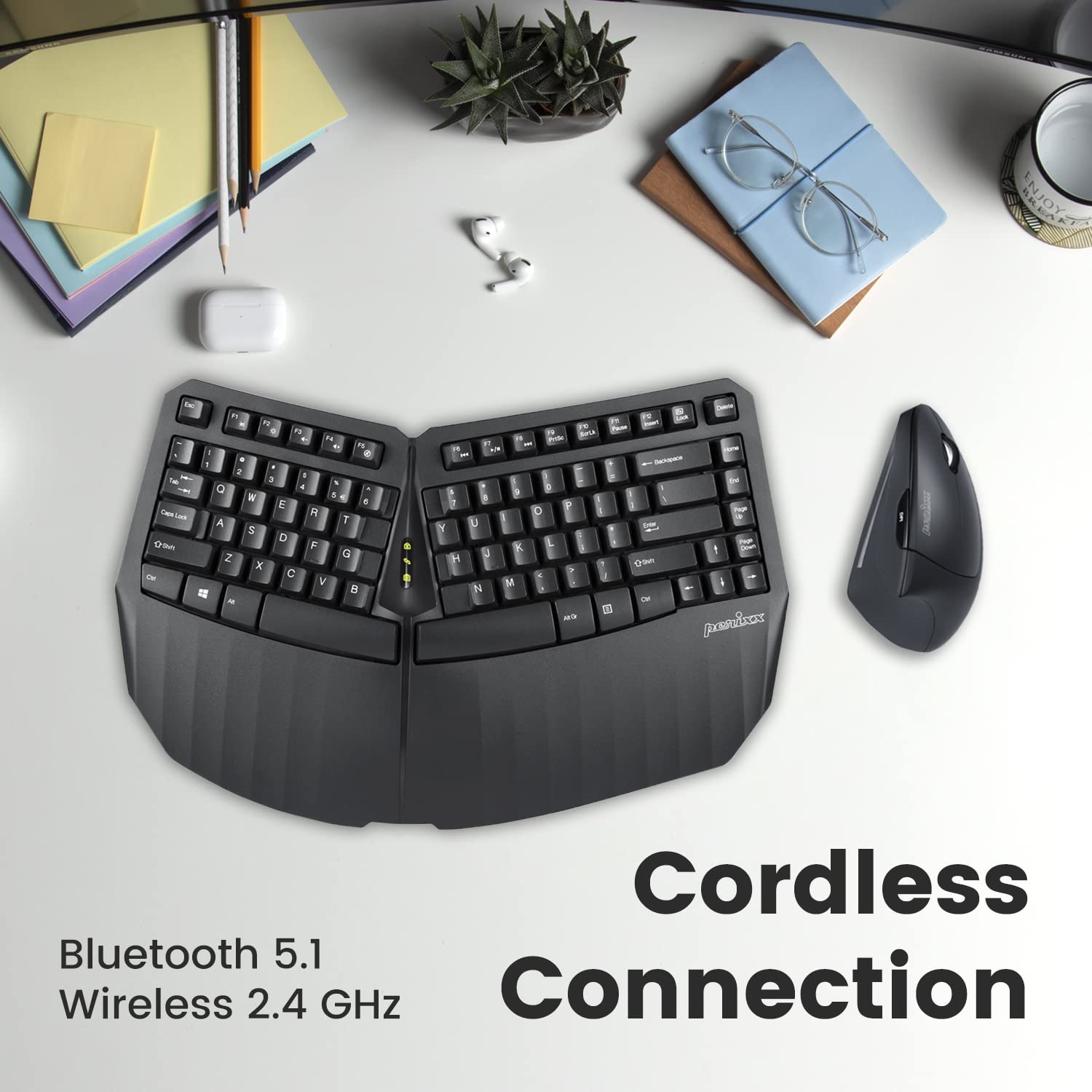 Perixx PERIDUO-813B US, Wireless Ergonomic Compact Keyboard & Vertical Mouse - Bundle with a 6-Button Ergonomic Vertical Mouse - Black - US English