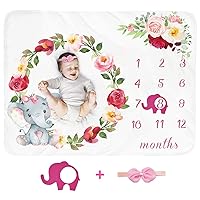 Baby Monthly Milestone Blanket Girl - Newborn Month Blanket Personalized Shower Gift Soft Fleece Photography Background Photo Prop Floral Elephant Blanket with Frame Headband Large 51''x40''
