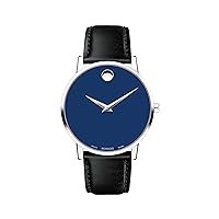 Movado Men's Museum Stainless Steel Watch with Concave Dot, Silver/Blue/Black Strap (Model 607270)