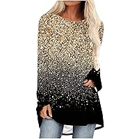 Women's Casual Tunic Tops to Wear with Leggings Long Sleeve Tops Fashion Glitter Printed Crewneck Flowy T Shirts Blouses