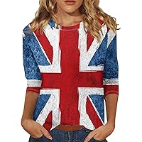 Workout Clothes for Women, Girls 4Th of July Outfit Oversized Graphic Tees for Women Women's 3/4 Sleeve Tee 2024 Round Neck Loose Shirt Independence Day Print Daily Tunic Dressy (Blue,3X-Large)