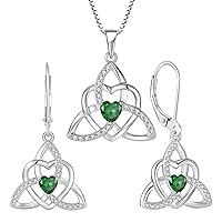 Celtic Knot Heart Necklace Earrings 925 Sterling Silver Trinity Love Knot Pendant Emerald Birthstone May Jewelry Set for Women