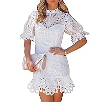 Flygo Women's Crochet Lace Dress Ruffle Short Flounce Sleeve Party Cocktail Bodycon Mini Dress