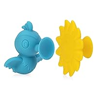 Nuby Silly Hummingbird & Flower Interactive Suction Toys with Built-in Rattle, 2 Piece, Aqua/Yellow