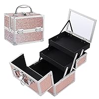 Portable Makeup Train Case Cosmetic Box 2 Trays Makeup Storage Organizer with Mirror Lockable for Nail Tech Jewelry Girls Travel Case - Rose Gold