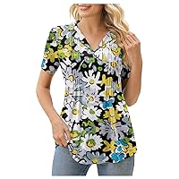 Womens T Shirts Short Sleeve Pleated Dressy Casual V Neck Summer Tops Blouses Floral Print Business Work Tunics