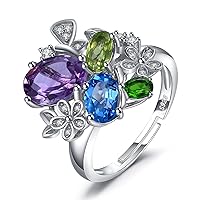 JewelryPalace Luxury Flower Genuine Amethyst Peridot Chrome Diopside Blue Topaz Cocktail Rings for Women, Adjustable Open 14K Gold 925 Sterling Silver Ring, Multicolor Natural Gemstone Jewellery Set