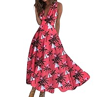 Summer Dresses for Women 2024 Wrap V Neck Beach Dress Elegant Sleeveless Maxi Dress Flowy Floral Print Sundresses