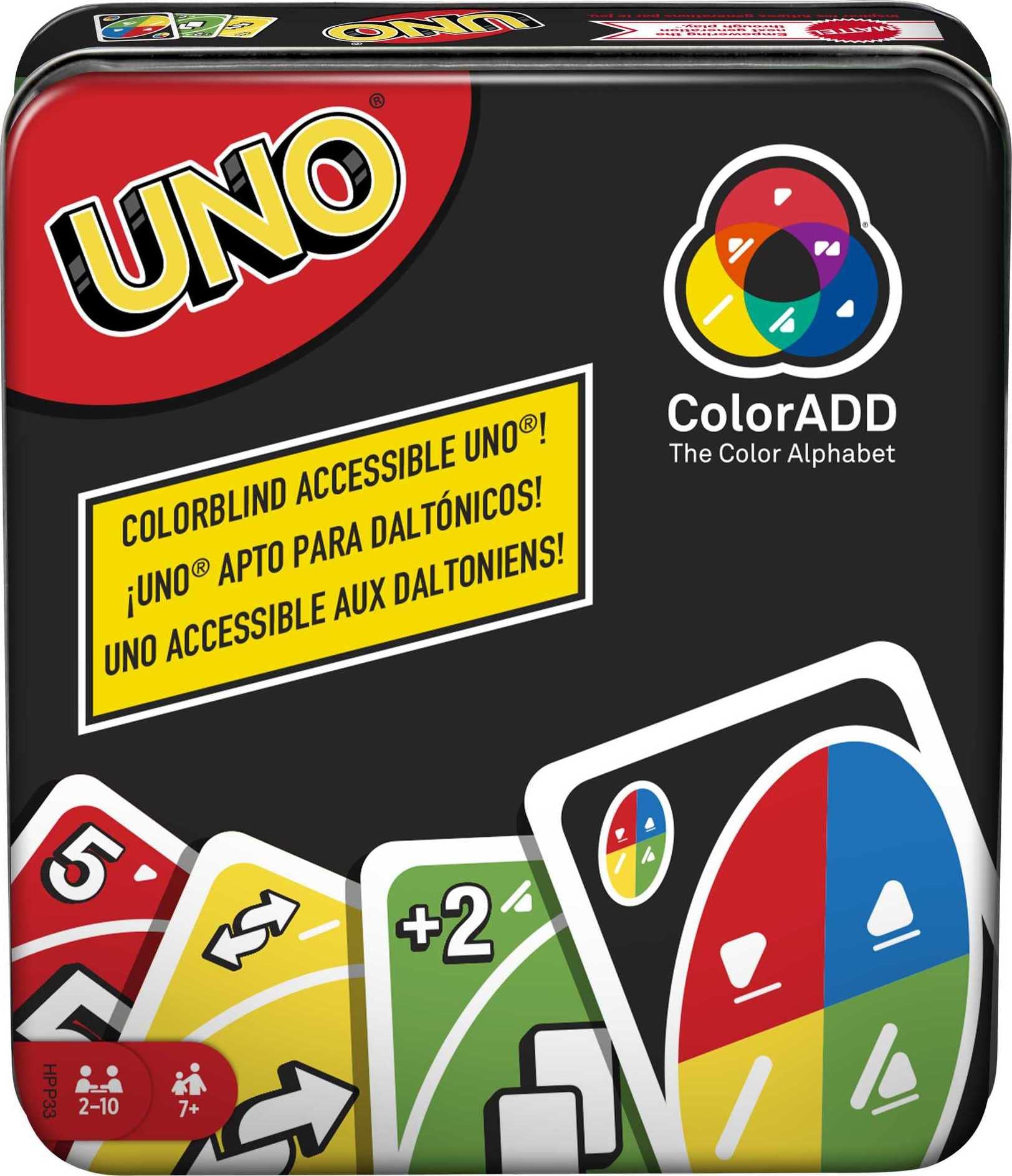 UNO Card Game Coloradd for Colorblind & Color Sighted Players, Travel Game in Storage Tin for 2-10 Players