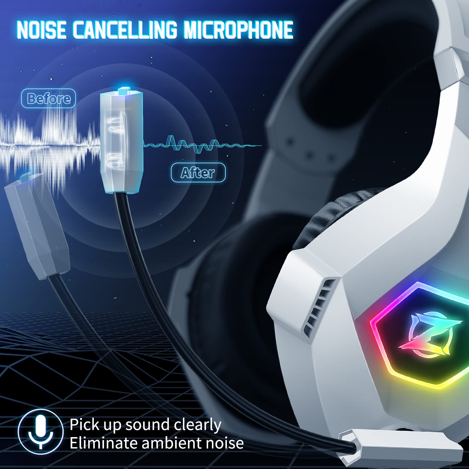 Gaming Headset PS4 Headset, Xbox with 7.1 Surround Sound, Headphones Noise Cancelling Flexible Mic RGB Light Memory Earmuffs for PC, PS5, PS4, Series X/S, one, Switch