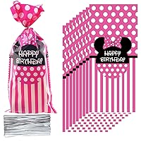 U/C 100 Pieces Pink Bow Mouse Ear Print Cone Cellophane Bags Heat Sealable Candy Bags Baby Pink Gift Bags Treat Bags with 100 Pieces Twist Ties for Girl Birthday Party Favor Decorations
