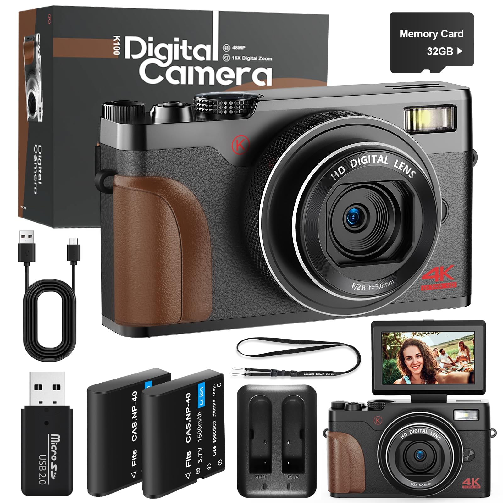 Digital Camera, 4K&48MP Cameras for Photography, Vlogging Camera for Youtube, Flip Screen Digital Point and Shoot Camera with 16X Zoom, Compact Small Camera for Beginner with 32GB SD Card(2 Batteries)