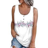 Womens Tank Tops Summer Sleeveless Scoop Neck Button Loose Fit Shirts Lightweight Solid/Printed Tank Blouse