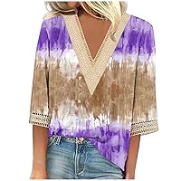 Elbow Length Sleeve Tops for Women Tie Dye Print Graphic Tee Shirt V Neck Lace Blouse Ladies Going Out Tops Tunic