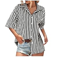 Women's Casual Striped Tops Button Down Short Sleeve Dressy Shirts Summer Fashion Loose V-Neck Boyfriend Blouses