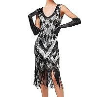 Women's Vintage Dress Sexy Sleeveless Dress 1920s Sequin Beaded Double Tassels Party Night Flapper Shimmery Short