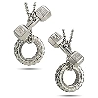 Mens Stainless Steel Combo Necklace-Phil 4:13 Dumbbell and Tire