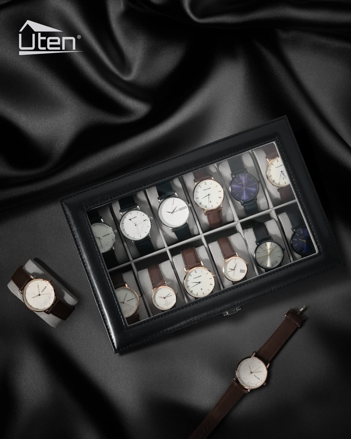 Uten Watch Box, 12 Slots Leather Watch Case, Watch Box Organizer Jewelry Storage with Large Glass Lid, Watch Display Case, Watch Box for Men & Women Gift
