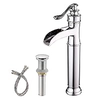 BWE Vessel Sink Faucet Chrome Polished Waterfall Spout Tall Body Single Hole with Brass Pop Up Drain Assembly Without Overflow Bathroom Lavatory Vanity Faucets Commercial