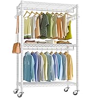 VIPEK V12 Rolling Garment Rack 3 Tiers Adjustable Wire Shelving Clothes Rack with Wheels, Freestanding Wardrobe Storage Rack Heavy Duty Metal Clothing Rack for Hanging Clothes, White