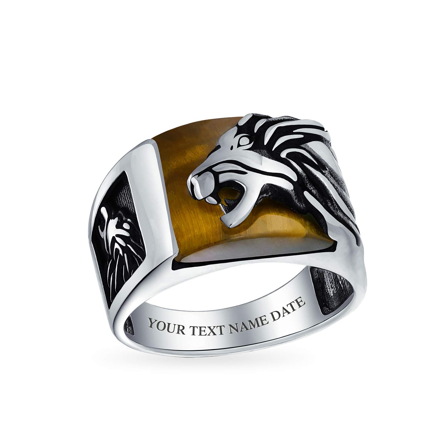 Men's Gemstone Large Roaring Black Onyx Brown Tiger Eye Lion Head Ring For Men Solid Oxidized .925 Sterling Silver Handmade In Turkey