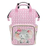 Elephant Pink Flower Diaper Bags with Name Personalized Baby Bag Travel Tote Bag Waterproof Backpack for Mom Gift