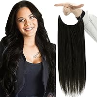 Fshine Invisible Wire Hair Extensions Real Human Hair Black Fish Wire Human Hair Extensions Off Black Color #1B Black Hair Extensions Fish Line Hair Extensions Clip ins 12 inch 70G
