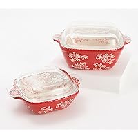 Temp-tations Set-of-2 Square Bakers with Glass Lids: 2 Qt and 0.75 Qt (Floral Lace Red)