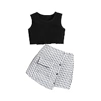 Girl Skirt and Top Toddler Solid Ribbed Sleeveless Crop Vest and Irregular Plaid Skirt Kid Summer 2PCS Set Casual Outfit