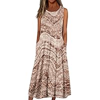 Woman Sundress Maxi Dresses for Women 2024 Summer Casual Print Bohemian Beach Dress Sleeveless Crewneck Dress with Pockets Rose Gold 3X-Large