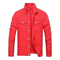 Jean Jacket for Men Distressed Button Down Denim Jacket Casual Slim Fit Ripped Jean Coat with Holes