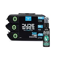 DUDE Wipes - Flushable Wipes (3 Pack, 144 Wipes), Unscented Extra-Large Adult Wet Wipes & DUDE Bombs Toilet Spray, 2.5 oz, Forest Fresh Stank Eliminator (1 Spray Bottle)