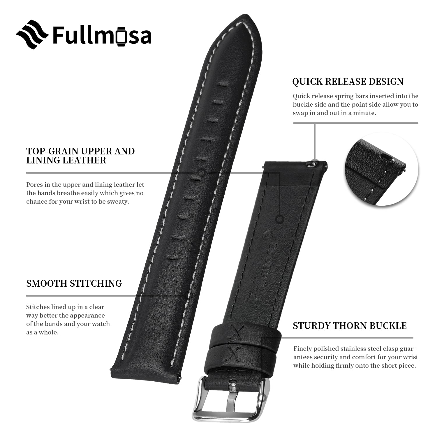 Fullmosa 19mm Leather Watch Bands Compatible with Tissot Le Locle/PRC 200,Casio DW280/290,Umidigi Uwatch 3/Uwatch3 GPS/Uwatch GT,Black