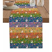 Boho Easter Table Runner 90 Inches Long for Dining Table, Washable Cotton Linen Farmhouse Table Runners Dresser Scarf for Kitchen Party Holiday Bunny Rabbit Botanical Spring Stripes