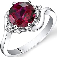 PEORA Created Ruby and Genuine Diamond Ring for Women 14K White Gold, Bypass Solitaire Design, 2.50 Carats Round Shape 8mm, Size 7
