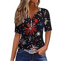 Hanky Hem Independence Day Park Tunic Women Pretty Short Sleeve Button Down Printed V Neck Light Fit Polyester Blue M