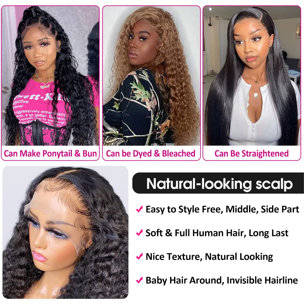 Pizazz Deep Wave Lace Front Wigs Human Hair 180 Density Brazilian Human Hair Wigs with Baby Hair Pre Plucked Natural Hairline(18 Inch, Black color)