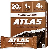 Atlas Protein Bar, 20g Plant Protein, 1g Sugar, Clean Ingredients, Gluten Free Dark Chocolate Sea Salt, 12 Count (Pack of 1))