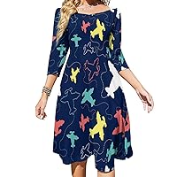 Airplane Pattern Midi Dresses for Women Tie Flared A-Line Swing 3/4 Sleeves Cute Sundress
