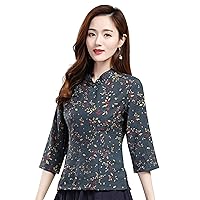 Linen 3/4 Sleeve Chinese Blouse Traditional Top Qipao Shirt for Women