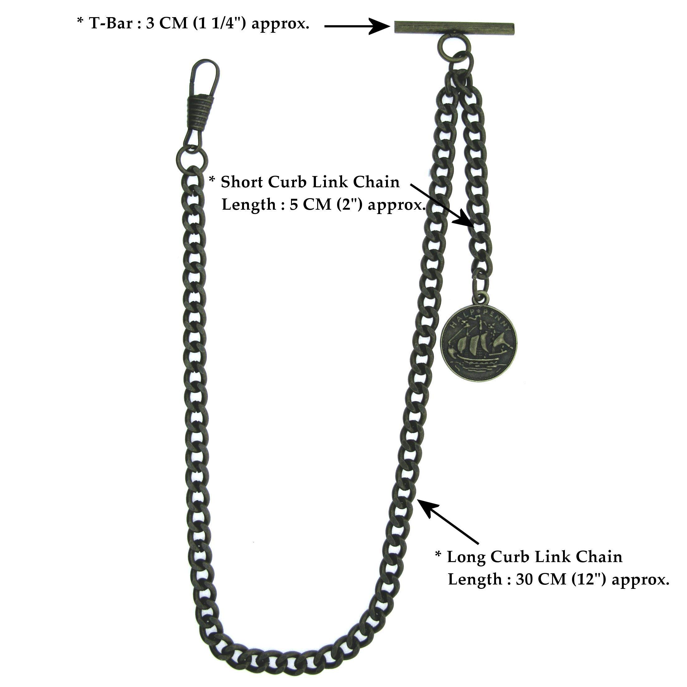 Albert Chain Pocket Watch Chains for Men Antique Brass Color Queen Elizabeth Half Penny Coin Design Fob T Bar AC106