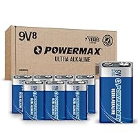 Powermax 8-Count 9V Batteries, Ultra Long Lasting Alkaline Battery, 7-Year Shelf Life, Reclosable Packaging