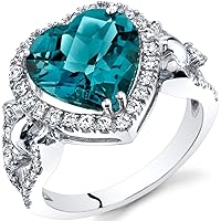 PEORA London Blue Topaz Large Heart Halo Ring for Women 14K White Gold with White Topaz, Genuine Gemstone, 4 Carats 10mm, Sizes 5 to 9