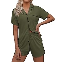 Ekouaer Pajamas Set for Women Short Sleeve Sleepwear Notch Collar Button Down Nightwear Soft Pjs Lounge Set,Army Green,Large