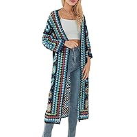 Women Vintage Crochet Granny Square Cardigan Jumper Long Sleeve Open Front Floral Knit Sweater Knitwear Long Cardigan