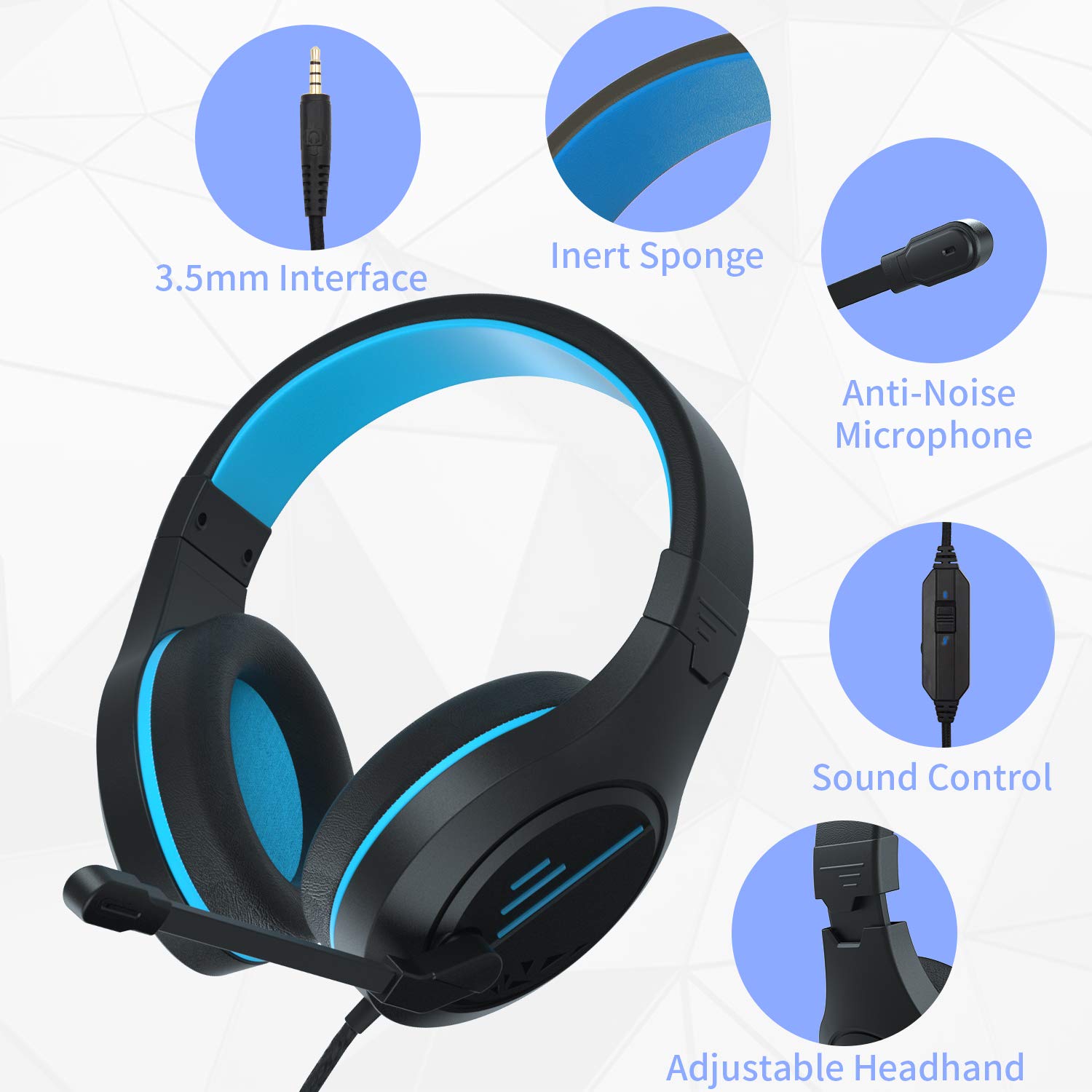 Anivia MH601 Gaming Headset for PC PS5 PS4 Nintendo Xbox One Mac Laptop, Wired Stereo Over-Ear Headphones with Noise Cancelling Mic, Soft Memory Earmuffs for Adults & Kids, Blue