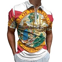 Florida State Flag Men's Short Sleeve Polo Shirts Casual Zippered Golf Shirt Slim Fit T-Shirt Tops