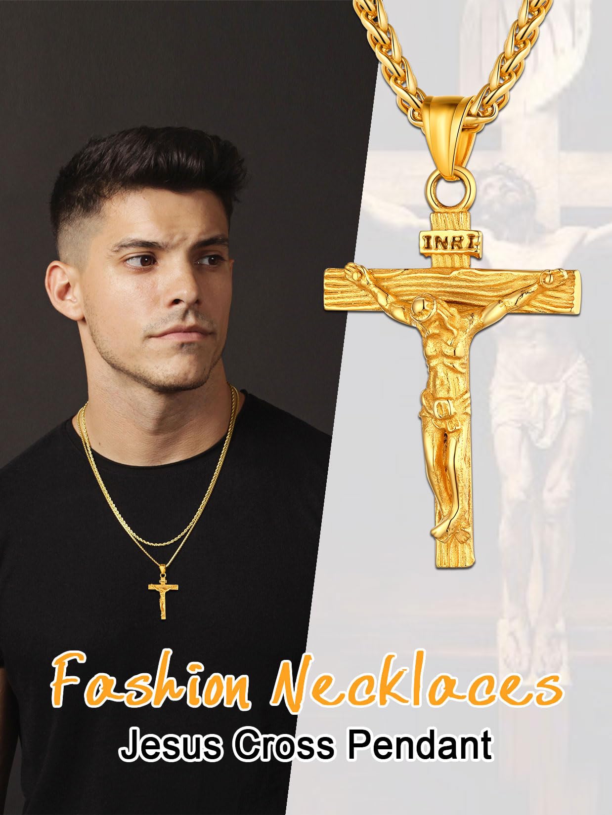 U7 Men Crucifix Cross Pendant with Chain Baptism Christian Jewelry Stainless Steel/18K Gold Antique Jesus Necklace, Gift Packed,Length 22