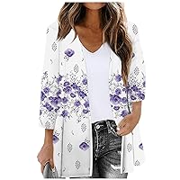 Women's Open Front Cardigan Casual Duster Lightweight Jackets Retro Print Cardigans 3/4 Sleeve Blouse Tops Coat